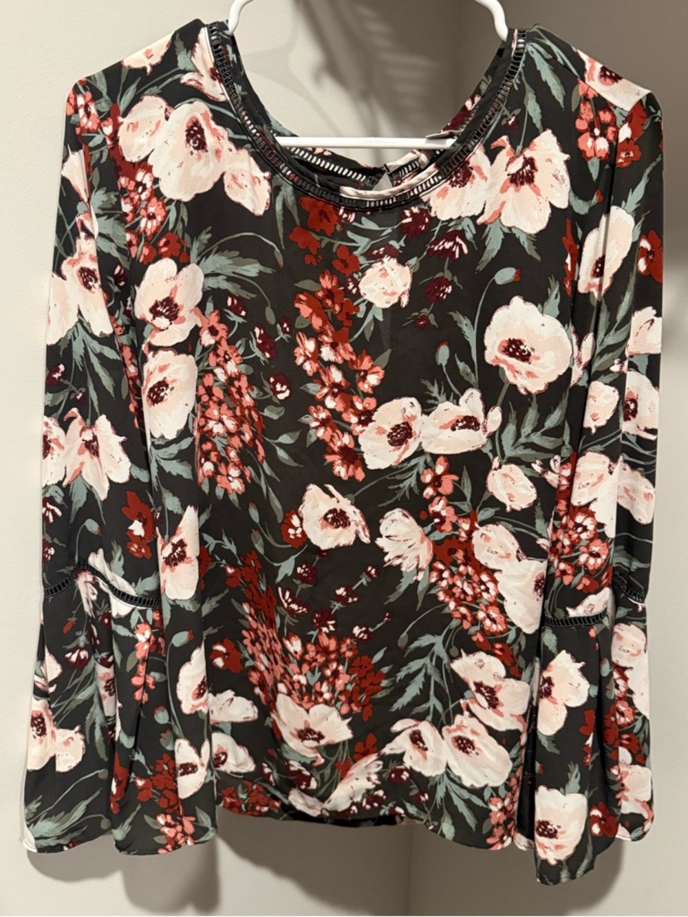 LOFT Dark Green Floral Long-Sleeve Tee with Pink and Red Blooms